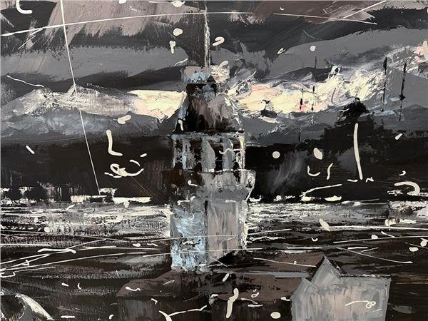 Siyah Beyaz Kız Kulesi Manzarası Yağlı Boya Tablosu