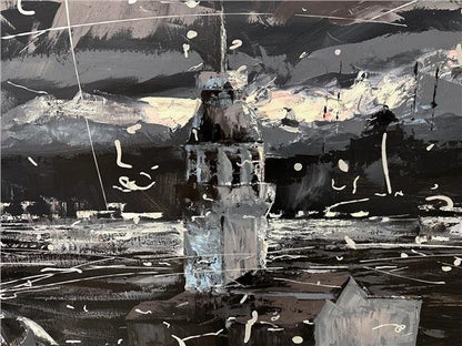 Siyah Beyaz Kız Kulesi Manzarası Yağlı Boya Tablosu