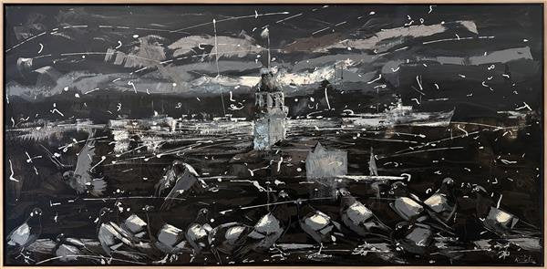 Siyah Beyaz Kız Kulesi Manzarası Yağlı Boya Tablosu