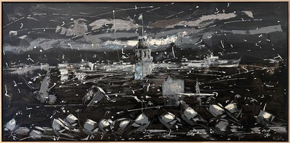 Siyah Beyaz Kız Kulesi Manzarası Yağlı Boya Tablosu