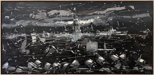 Siyah Beyaz Kız Kulesi Manzarası Yağlı Boya Tablosu