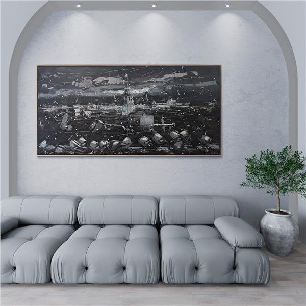 Siyah Beyaz Kız Kulesi Manzarası Yağlı Boya Tablosu