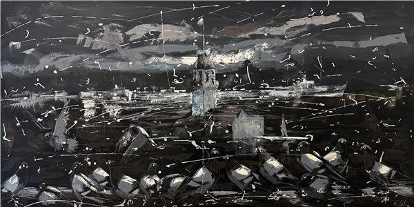 Siyah Beyaz Kız Kulesi Manzarası Yağlı Boya Tablosu