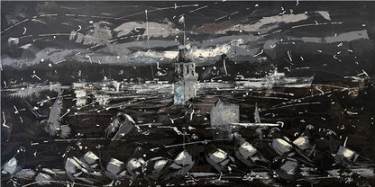 Siyah Beyaz Kız Kulesi Manzarası Yağlı Boya Tablosu