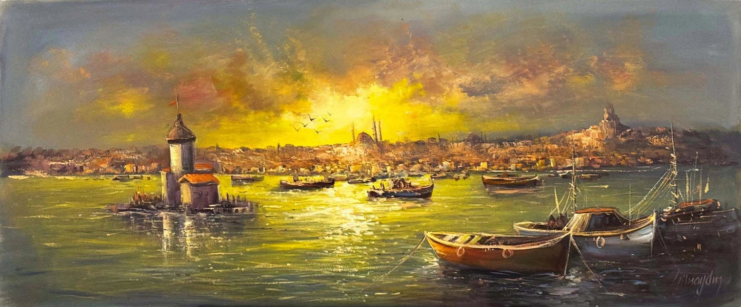 Kız Kulesi Liman Hatırası Yağlı Boya Tablosu
