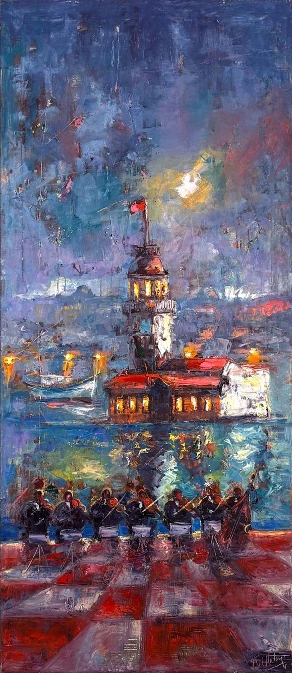 Kız Kulesi'nde Oyun Yağlı Boya Tablosu