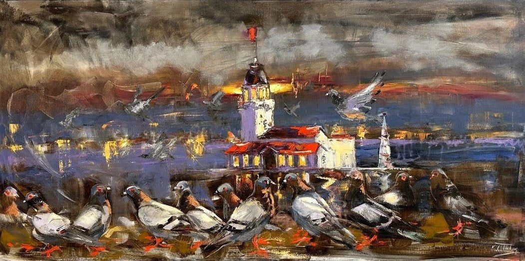 Kız Kulesi'nin Kanatlı Misafirleri Yağlı Boya Tablosu