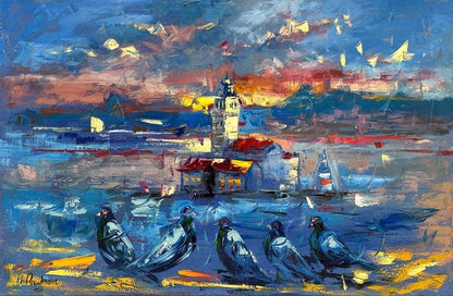 Kız Kulesi'nin Kuşlarla Melodisi Yağlı Boya Tablosu