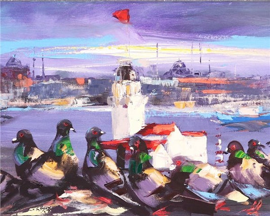 Kız Kulesi Önünde Güvercin Yağlı Boya Tablosu