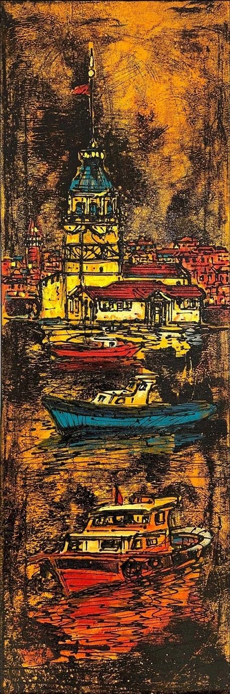 Kız Kulesi ve Denizci Tekneleri Yağlı Boya Tablosu