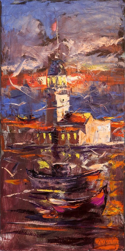 Kız Kulesi ve Tekneler Yağlı Boya Tablosu