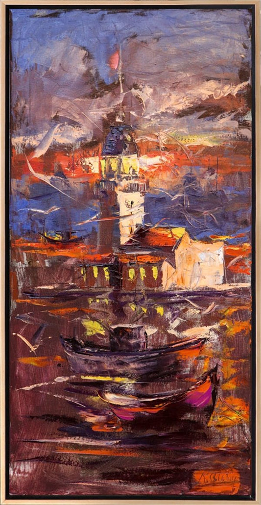 Kız Kulesi ve Tekneler Yağlı Boya Tablosu