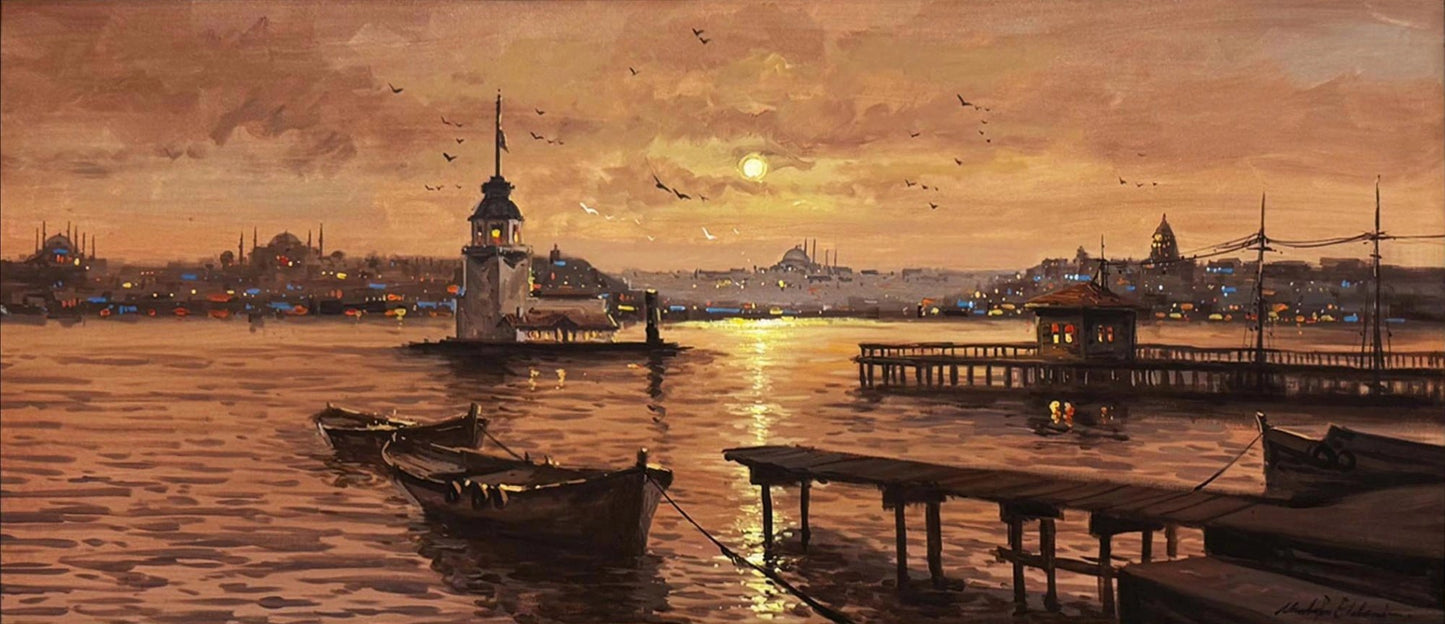 Kız Kulesi’nde Akşam Ezgisi Yağlı Boya Tablosu