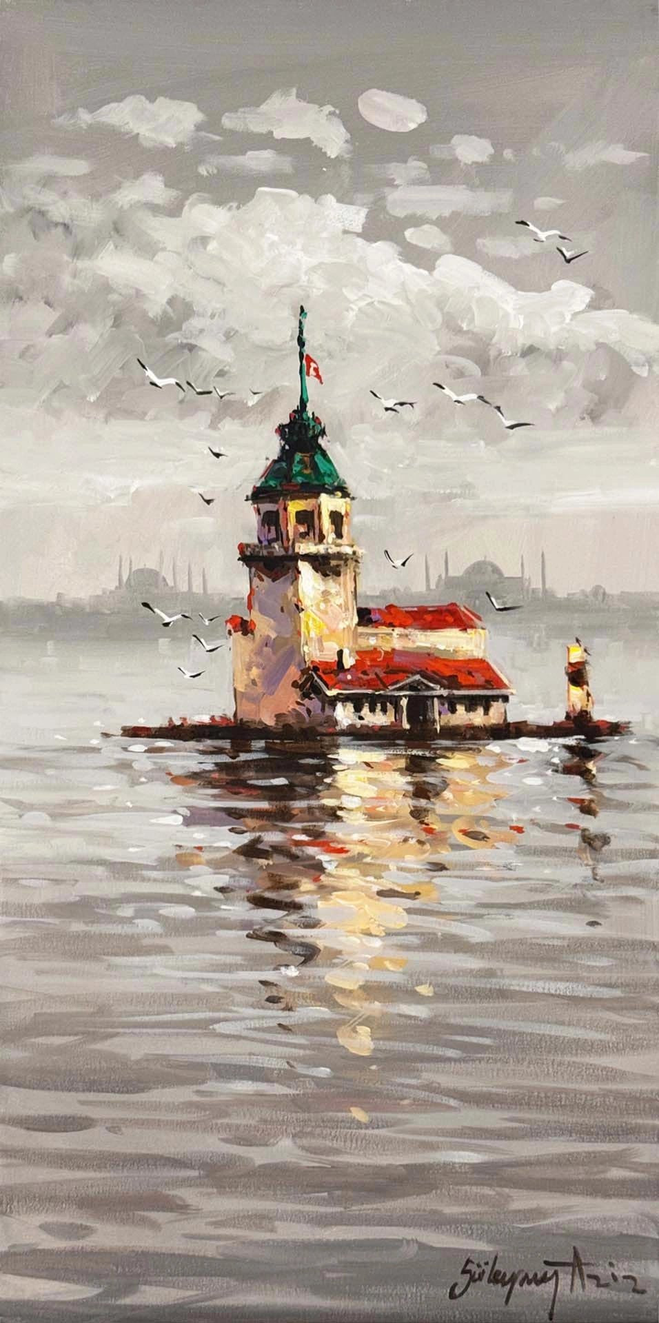 Kız Kulesi'nde Akşam Yağlı Boya Tablosu