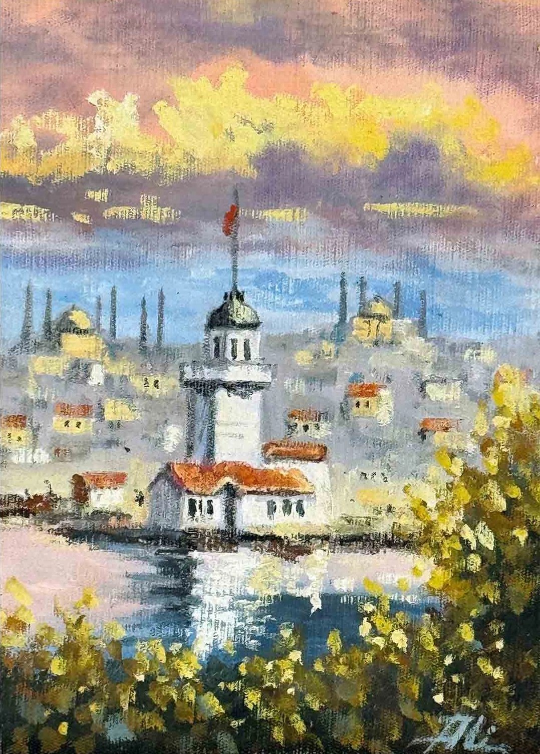 Kız Kulesi’nde Günbatımı Yağlı Boya Tablosu