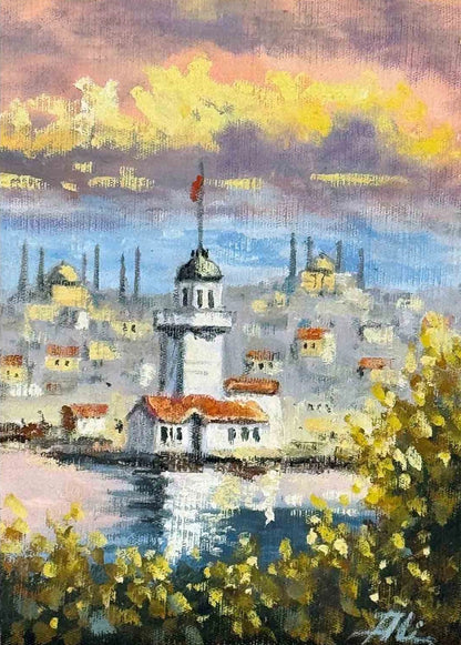 Kız Kulesi’nde Günbatımı Yağlı Boya Tablosu