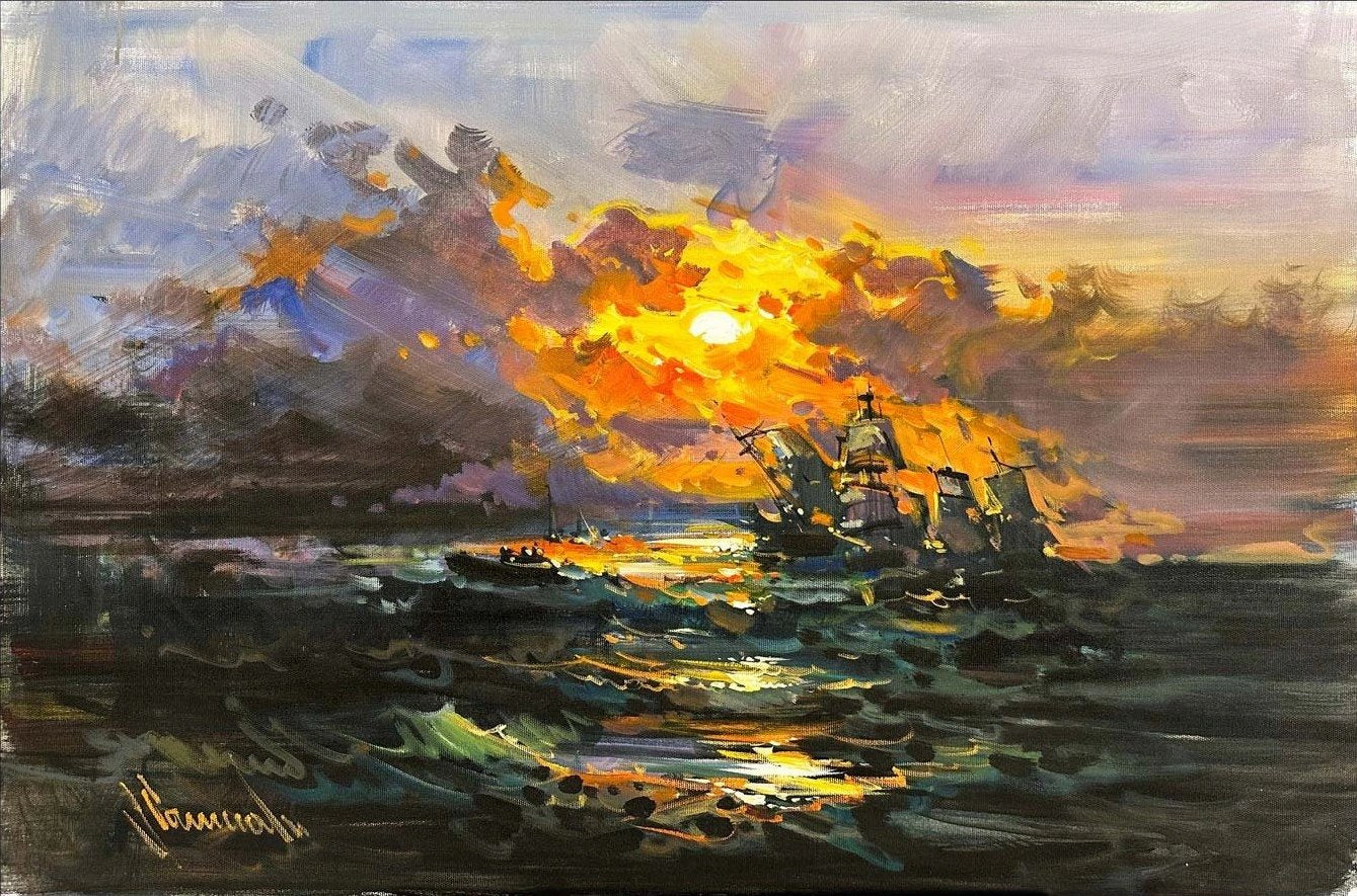 Kızıl Ufuk ve Dalgalar Yağlı Boya Tablosu