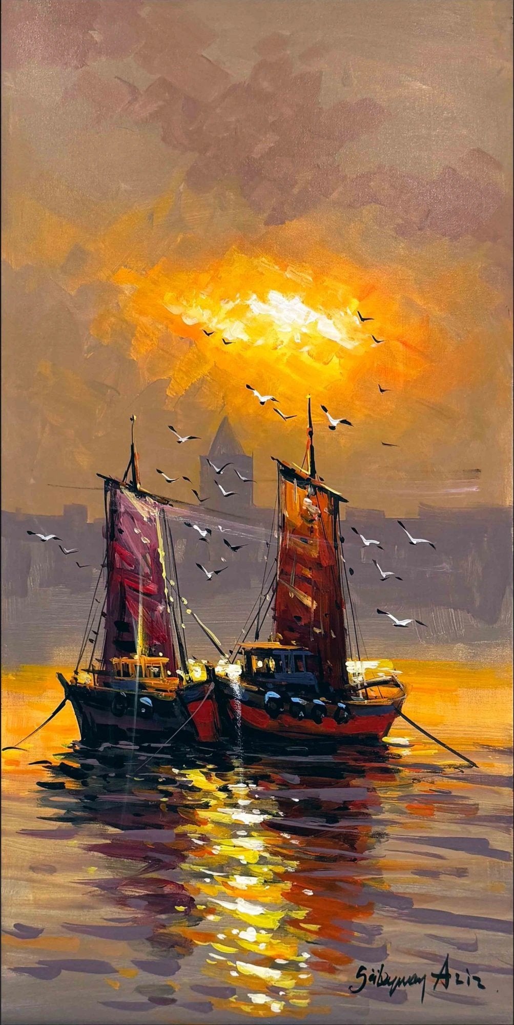 Kızıl Ufukta Tekneler Yağlı Boya Tablosu