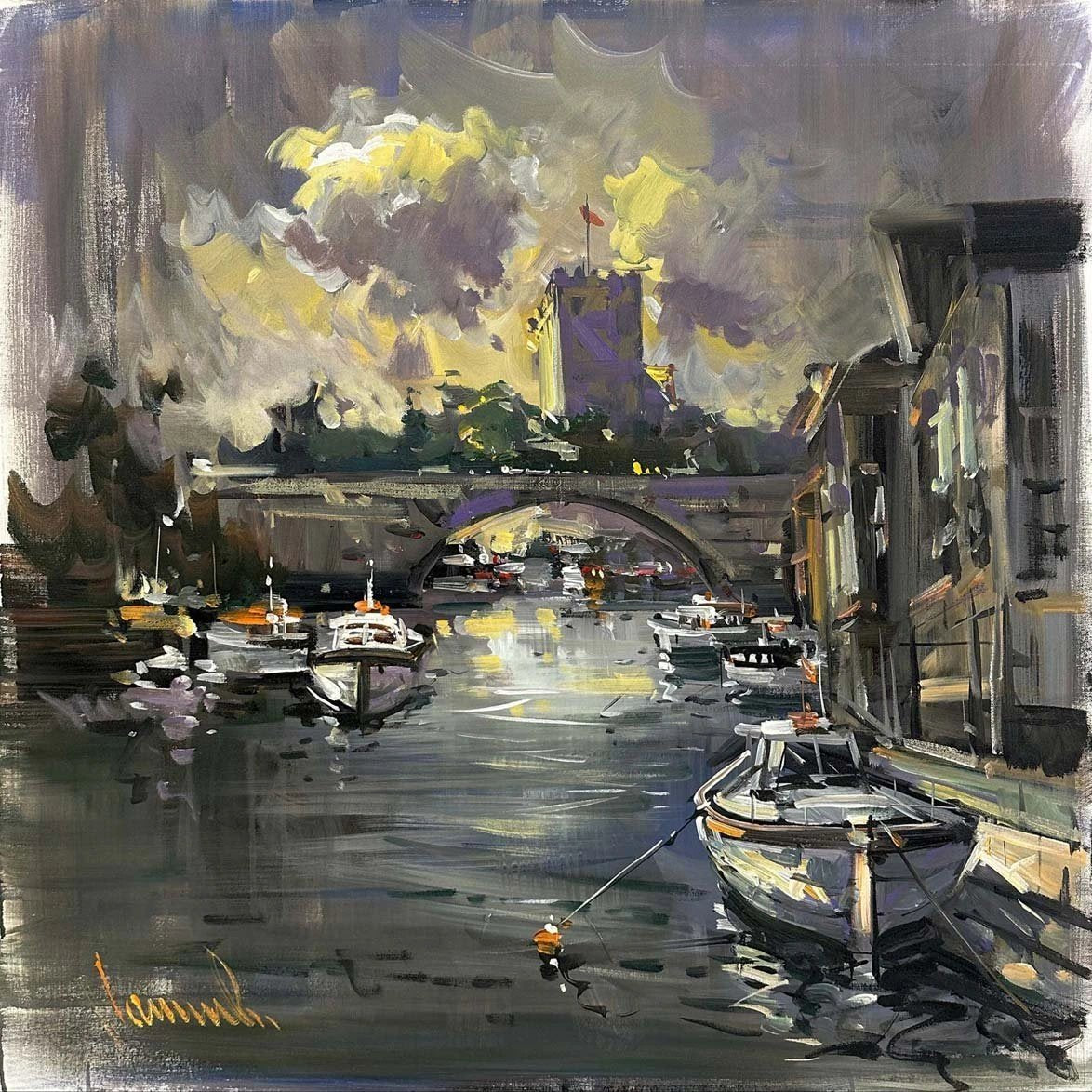 Köprü Altında Günbatımı Yağlı Boya Tablosu