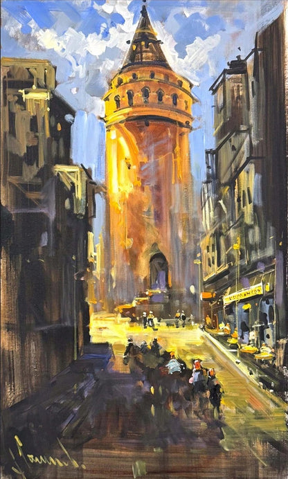 Kulenin Gölgesinde Sokaklar Yağlı Boya Tablosu