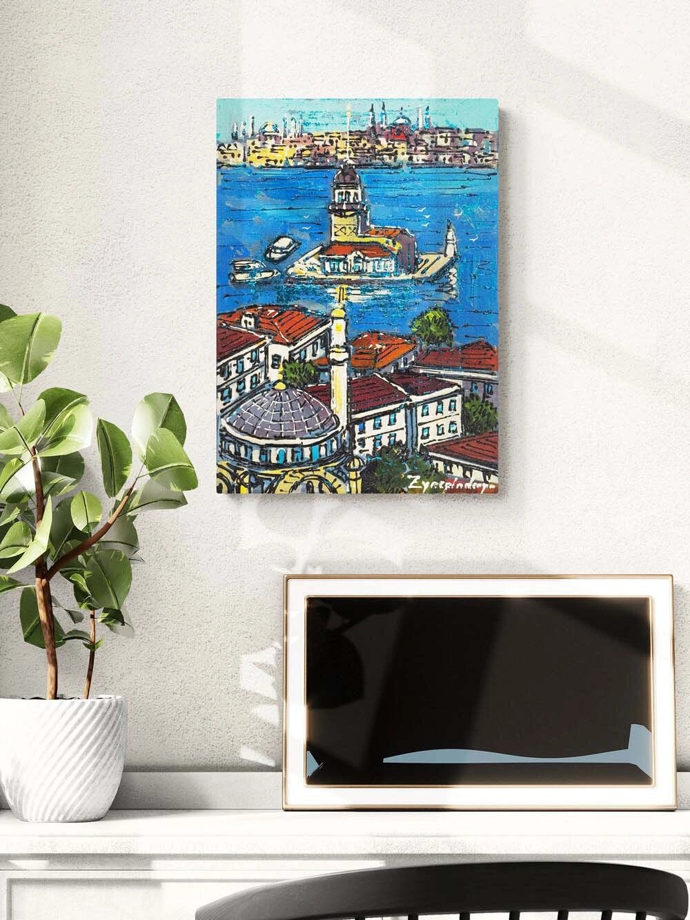 Kuş Bakışı Kız Kulesi Yağlı Boya Tablosu