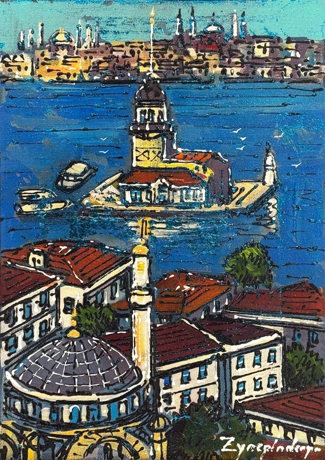 Kuş Bakışı Kız Kulesi Yağlı Boya Tablosu