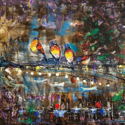 Kuşlu Çay Bahçesi Yağlı Boya Tablosu