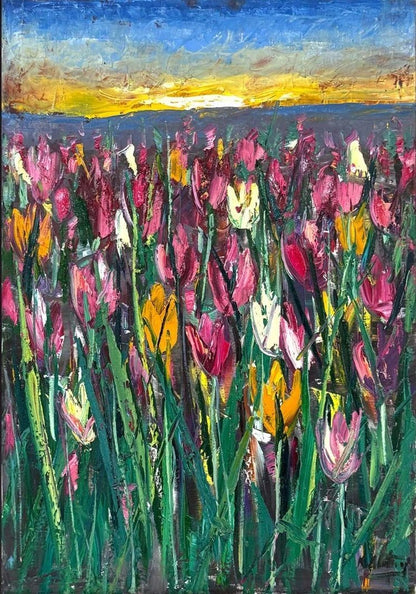 Lale Bahçesinde Sabah Yağlı Boya Tablosu