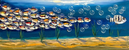 Mavi Derinliklerde Yüzen Balıklar Yağlı Boya Tablosu