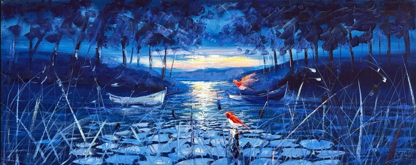 Mavi Ormanda Gece Yağlı Boya Tablosu