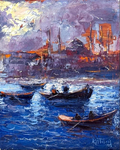 Maviyle Dokunmuş Şehir Yağlı Boya Tablosu