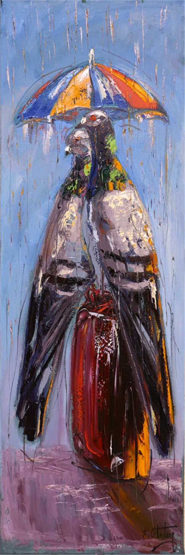 Güvercinlerin Yağmurda Aşk Yağlı Boya Tablosu