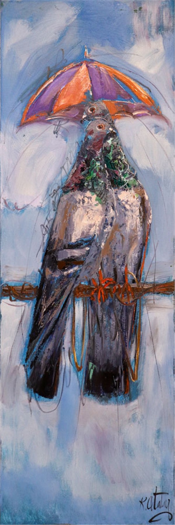 Yağmur Altında Güvercinler Yağlı Boya Tablosu