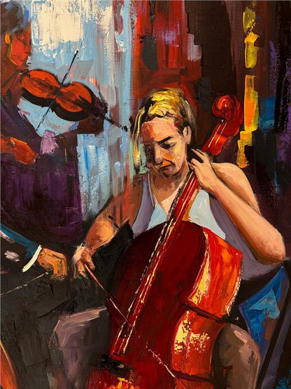 Çello ve Müziğin Ahengi Yağlı Boya Tablosu