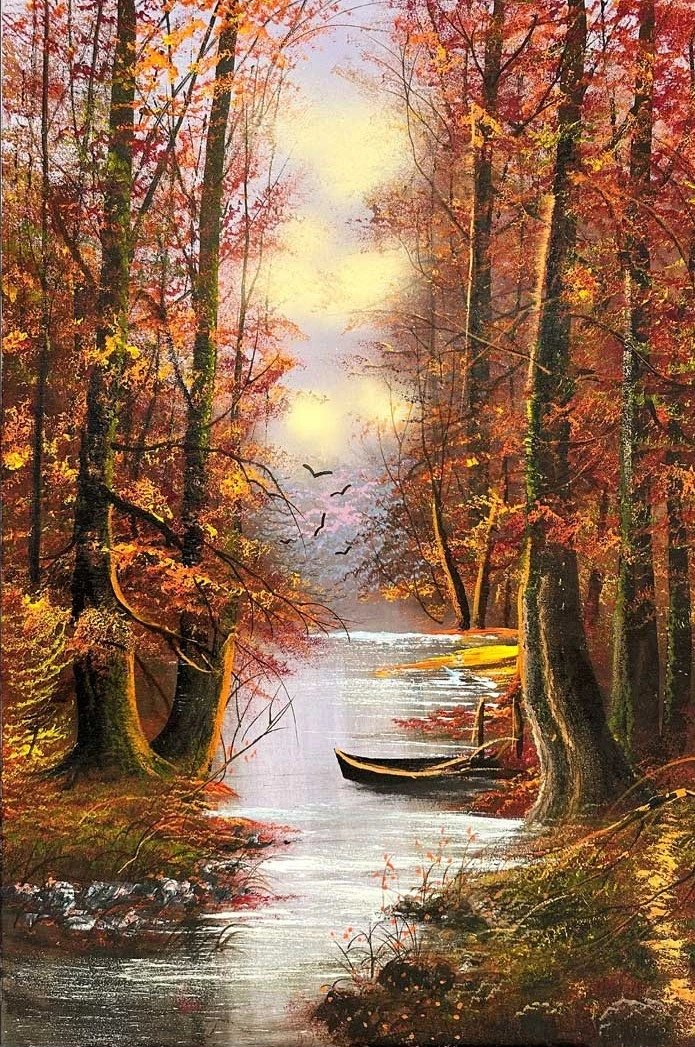 Nehir Kenarındaki Sonbahar Ormanı Yağlı Boya Tablosu