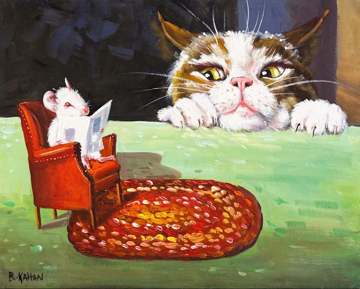 Okuyan Fare Bakan Kedi Yağlı Boya Tablosu