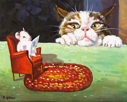 Okuyan Fare Bakan Kedi Yağlı Boya Tablosu