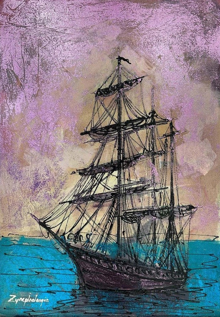 Parlak Deniz ve Gemi Yağlı Boya Tablosu