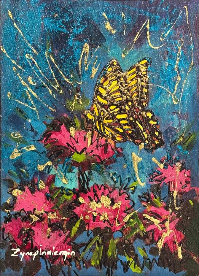 Pembe Çiçeklerde Kelebek Yağlı Boya Tablosu