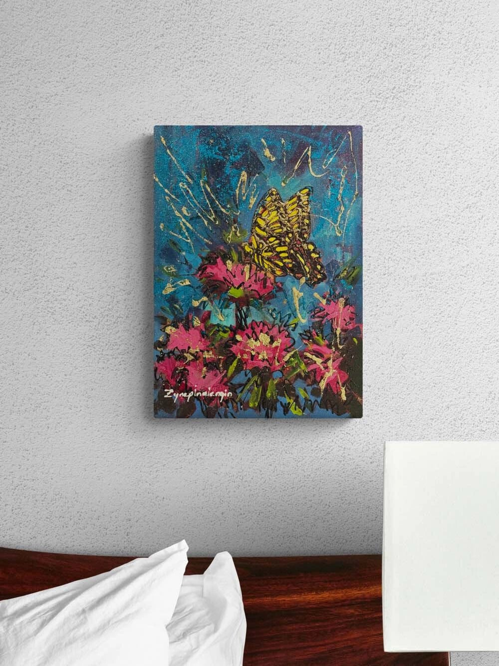 Pembe Çiçeklerde Kelebek Yağlı Boya Tablosu