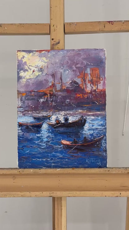 Maviyle Dokunmuş Şehir Yağlı Boya Tablosu