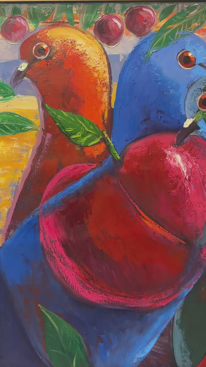 Güvercinlerin Renkli Ahengi Yağlı Boya Tablosu