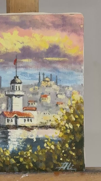 Kız Kulesi’nde Günbatımı Yağlı Boya Tablosu