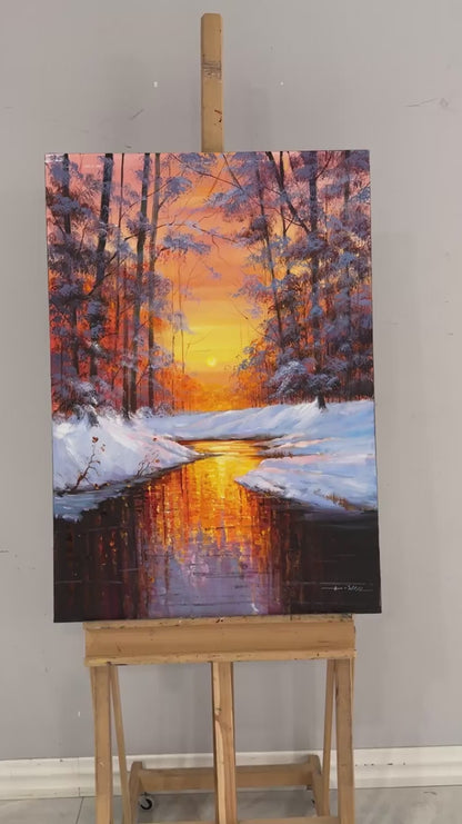 Kışta Gün Batımı Yağlı Boya Tablosu