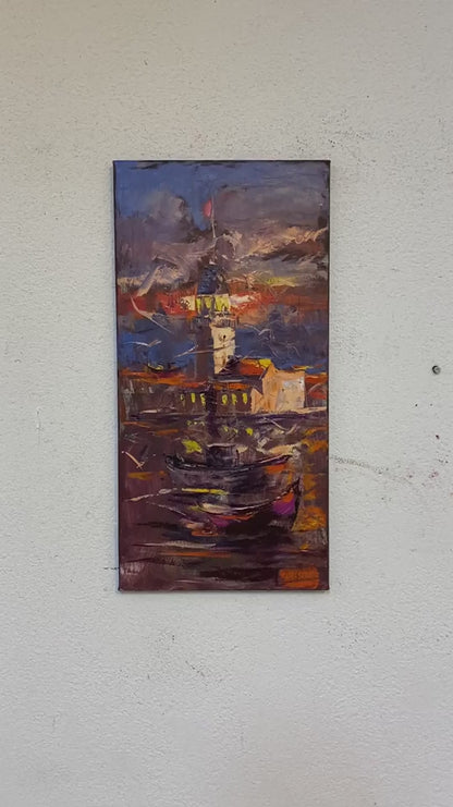 Kız Kulesi ve Tekneler Yağlı Boya Tablosu