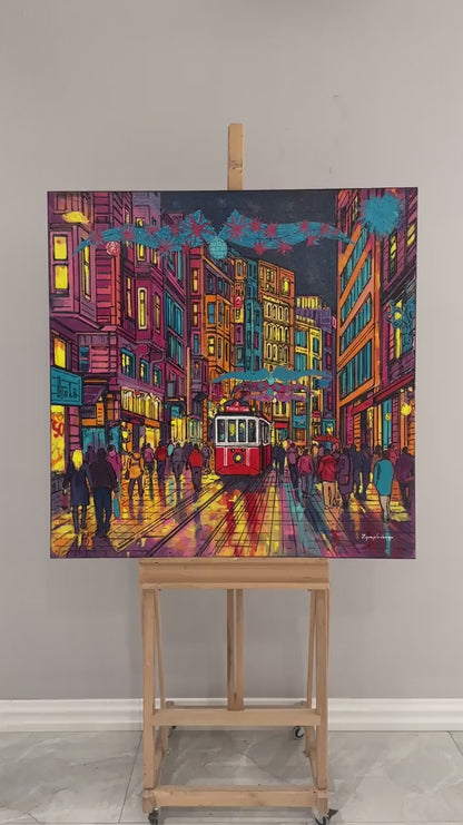 Renkli İstiklal Caddesi Yağlı Boya Tablosu