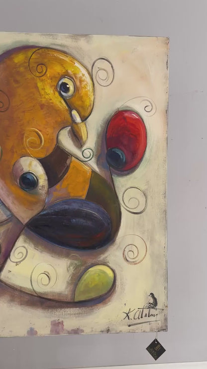 Soyut Renkli Güvercinler Yağlı Boya Tablosu