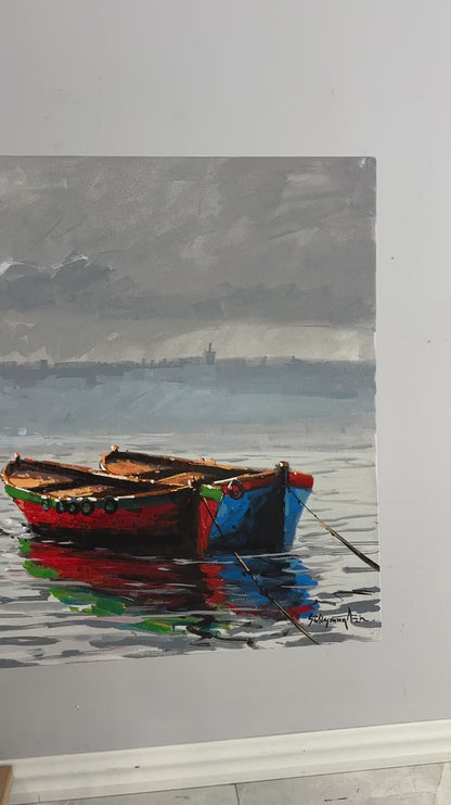 Kız Kulesi ve Teknelerin Duruşu Yağlı Boya Tablosu