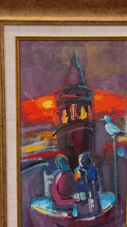 Galata Kulesi'nde Başbaşa Yağlı Boya Tablosu