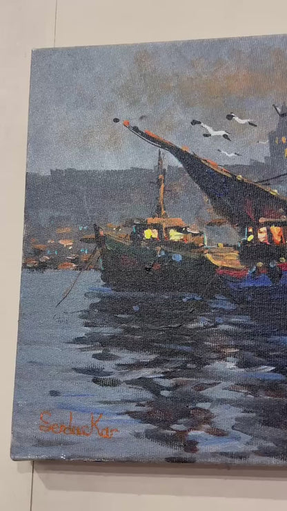 İstanbul Boğazı'nda Gece Yağlı Boya Tablosu